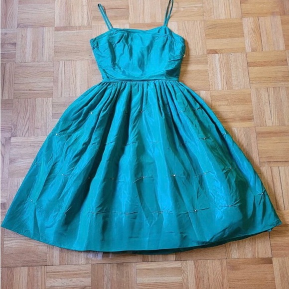 Vintage 1950's Silk taffeta dress blue/green Rhinestone & Crinoline US0P - Picture 8 of 8